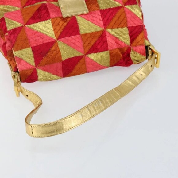 FENDI Mamma Baguette Shoulder Bag Satin Red Gold Auth 144979 - Picture 8 of 16